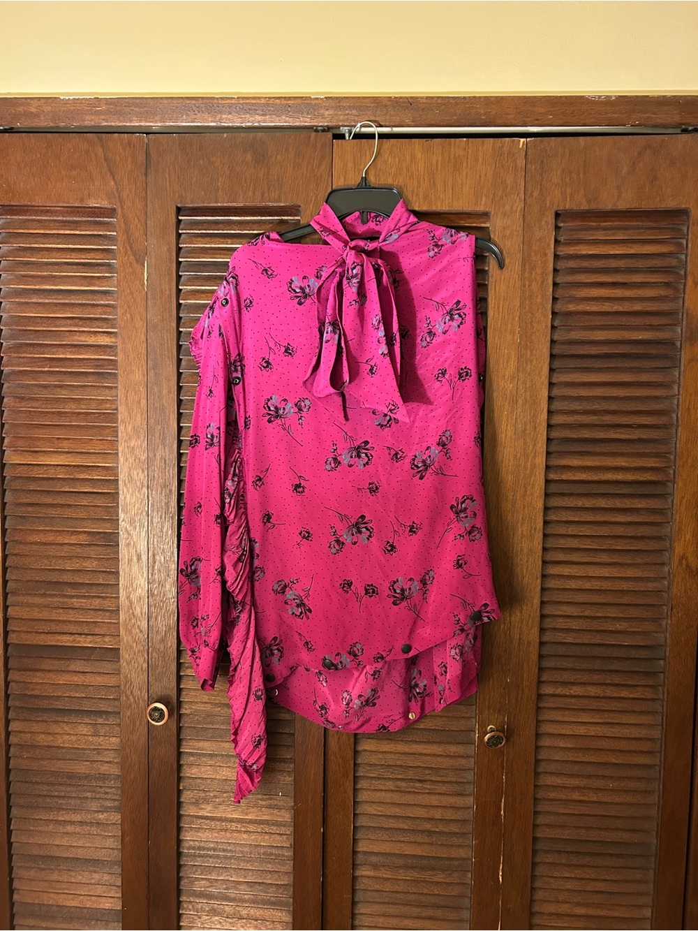 Balenciaga Fuchsia Floral Tie-Neck Blouse Asymetrical Blouse Size 40